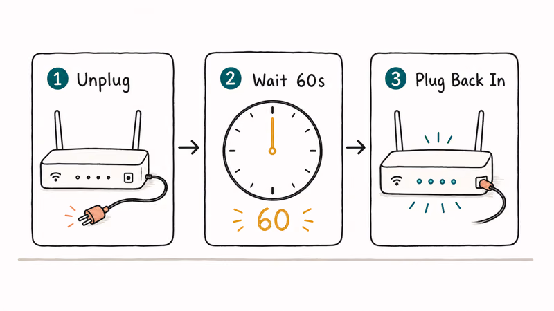 Three-step hand-drawn sequence showing router unplug, sixty-second wait, and plug back in to clear DHCP.