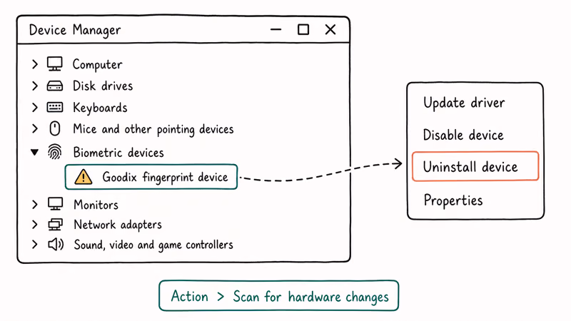 Device Manager showing Goodix fingerprint device highlighted with Uninstall option in the right-click menu.