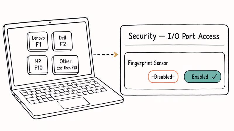 Laptop BIOS entry keys for Lenovo Dell HP pointing to a Security panel Fingerprint Sensor toggle.