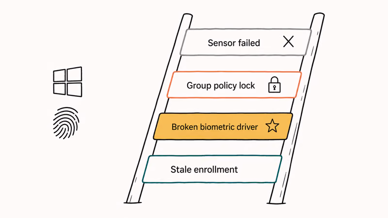 Four-rung fix ladder showing stale enrollment, broken driver, group policy, and dead sensor causes.