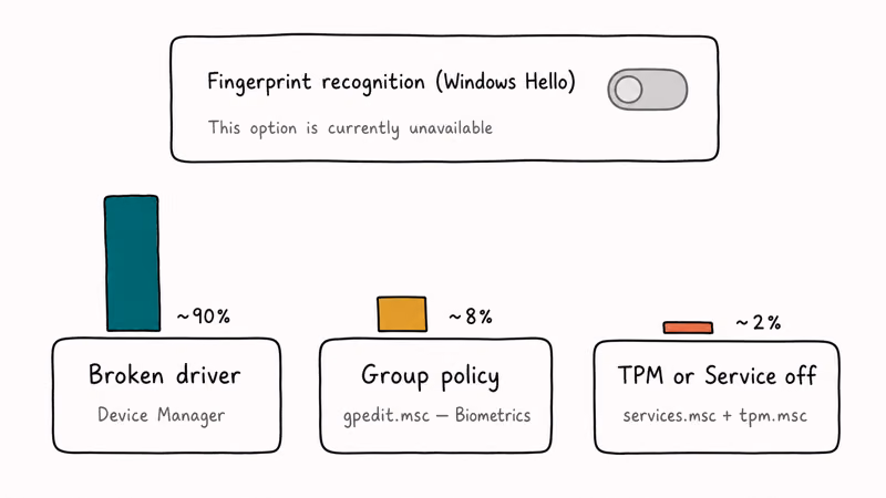 Three priority cards showing broken driver, group policy, and TPM service as greyed toggle causes.