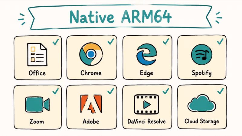 Grid of mainstream apps running native on Windows ARM including Office, Chrome, Adobe, and Zoom