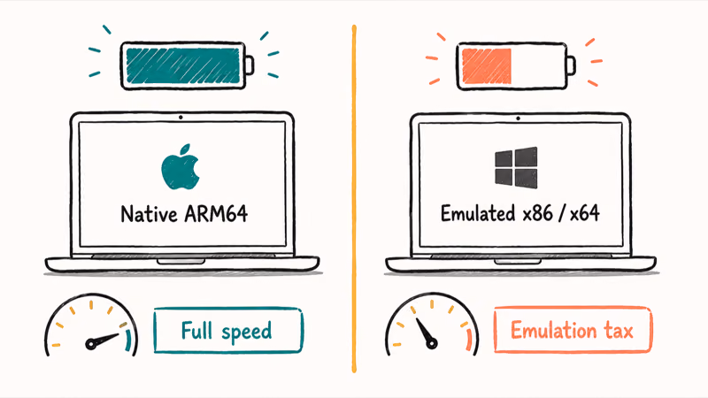 Side by side comparison of native ARM64 full speed versus slower battery-hungry emulated apps