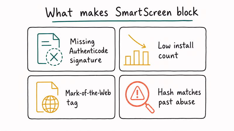 Two by two grid of SmartScreen block triggers missing Authenticode signature low install count Mark-of-the-Web and hash abuse