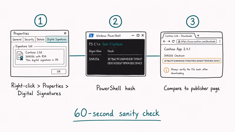 Three-step app verification checklist Properties digital signature PowerShell hash and publisher page hash comparison