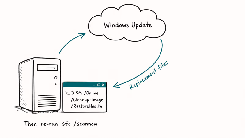DISM RestoreHealth fetching replacement files from Windows Update cloud and feeding back to local PC before re-running SFC