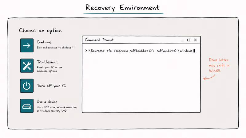 Windows Recovery Environment Command Prompt running offline SFC with offbootdir and offwindir parameters for repair