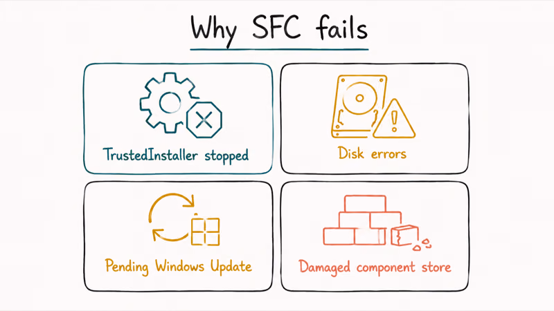 Four common causes of Windows Resource Protection error TrustedInstaller stopped disk errors pending update damaged store
