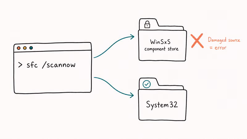 SFC scannow terminal reading from WinSxS component store and writing to System32 with damaged source flagged in coral