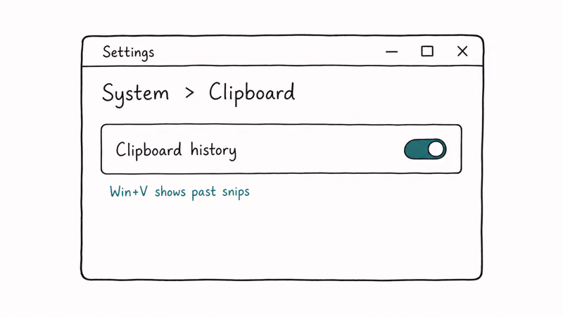 Settings System Clipboard page with the Clipboard history toggle switched on and a Win plus V hint for