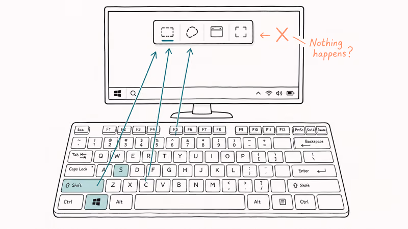 Keyboard with Windows Shift and S keys highlighted leading up to a snip toolbar overlay that fails to