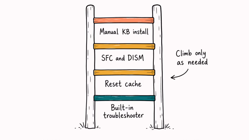 Four-rung decision ladder for Windows Update 0x800705b4 from troubleshooter to cache reset SFC DISM and manual KB install