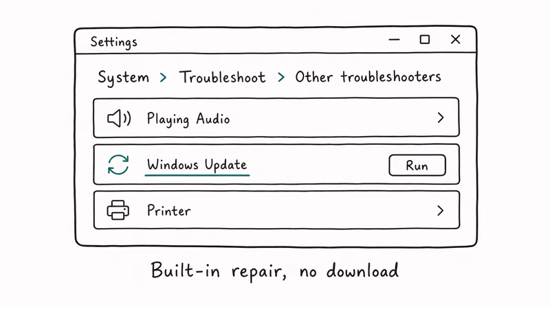 Windows Settings troubleshoot panel with the Windows Update troubleshooter row highlighted and a Run button beside it
