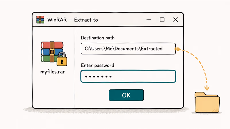 Hand-drawn WinRAR extract dialog showing where to enter a known password and select destination folder.
