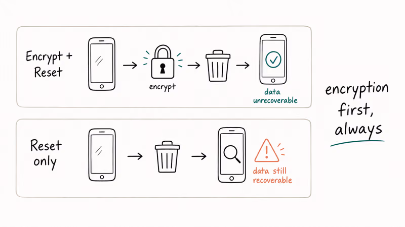 Two flow lanes comparing encrypt then factory reset against factory reset alone with data recoverability outcomes