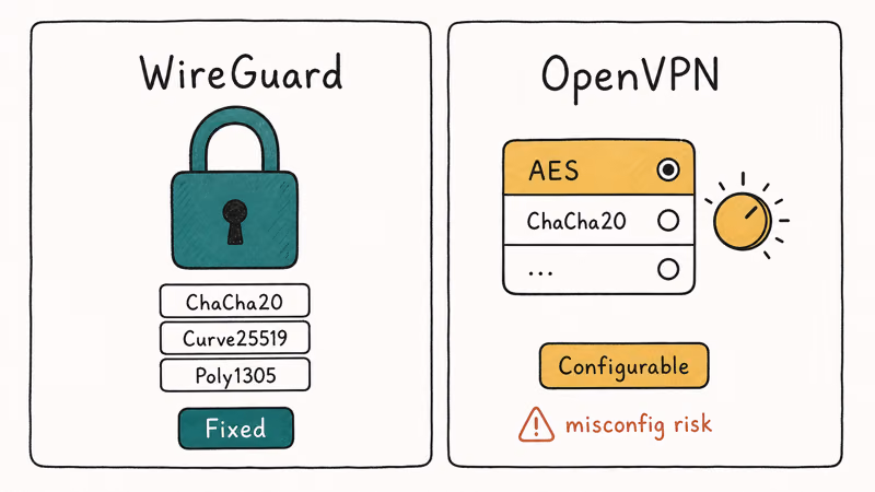 Illustration contrasting WireGuard fixed cipher suite with OpenVPN configurable encryption options