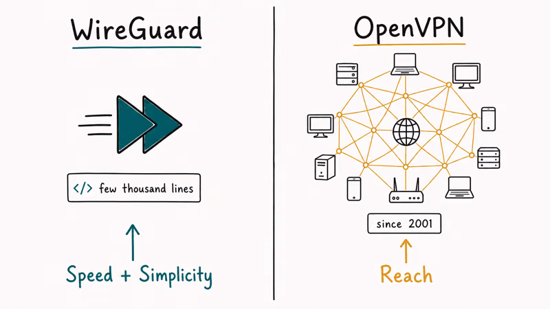 Side-by-side illustration showing WireGuard favoring speed and OpenVPN favoring broad network reach