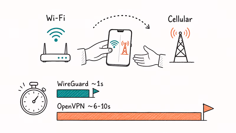Illustration comparing one-second WireGuard reconnect against slower OpenVPN tunnel after a network handoff