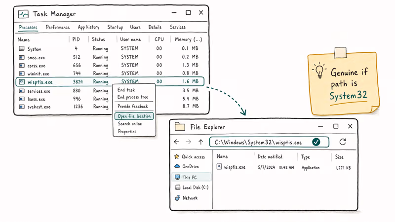 Hand-drawn Task Manager and File Explorer side by side showing how to verify wisptis dot exe legitimacy through