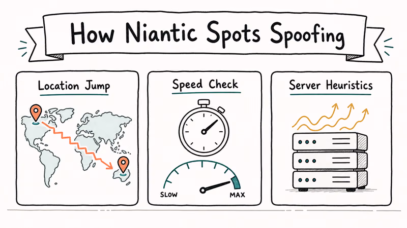 Three hand-drawn cards showing location jump, speed check, and server analytics that detect GPS spoofing.