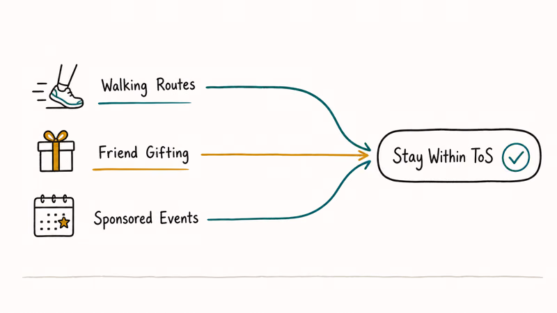 Three legitimate alternative lanes including walking, gifting, and sponsored events converging on a safe-play badge.