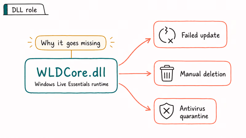 Diagram of WLDCore.dll role with three branches showing failed update manual deletion and antivirus quarantine