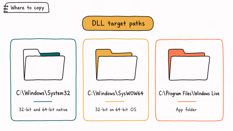 Three folder cards showing target paths System32 SysWOW64 and Windows Live for copying WLDCore dll file