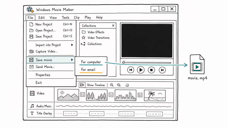 Windows Movie Maker File menu with Save movie submenu showing the For computer MP4 export option highlighted in