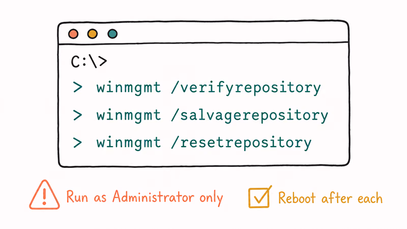 Terminal showing three winmgmt repair commands verify salvage and reset with admin warning
