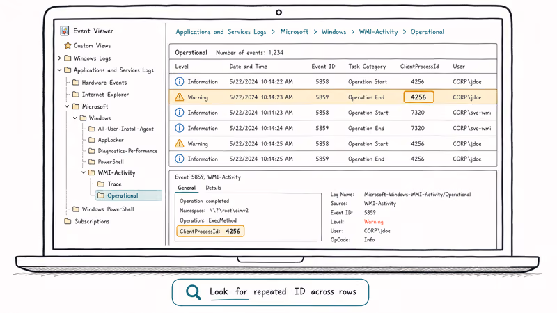 Windows Event Viewer WMI Activity Operational log with ClientProcessId field highlighted