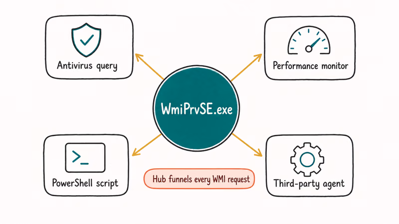 WmiPrvSE hub diagram showing four query sources antivirus monitor PowerShell and third-party agent