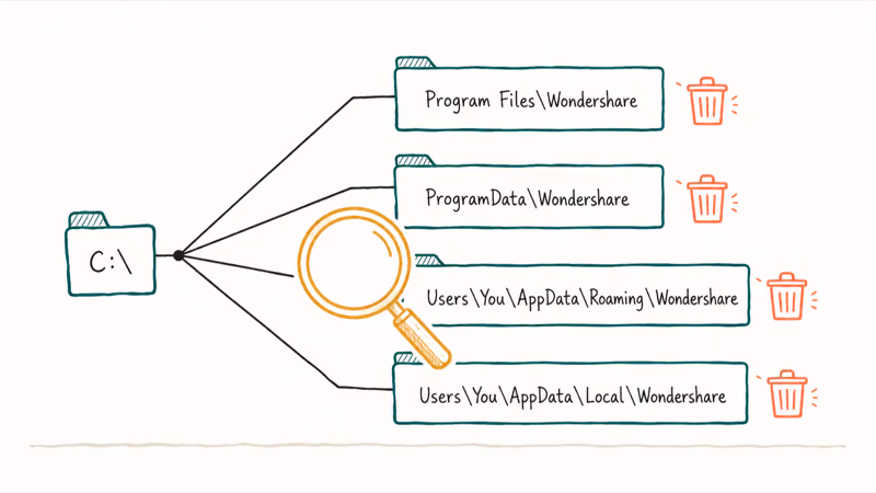 Hand-drawn folder tree showing four common leftover Wondershare directories to delete after uninstall.