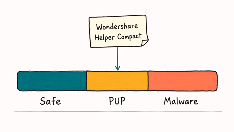 Hand-drawn risk spectrum bar showing Wondershare Helper Compact sits in the middle PUP zone not malware.