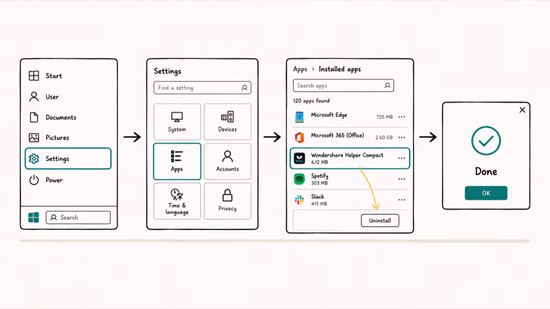 Four-step hand-drawn flow showing Windows Settings path to uninstall Wondershare Helper Compact cleanly.