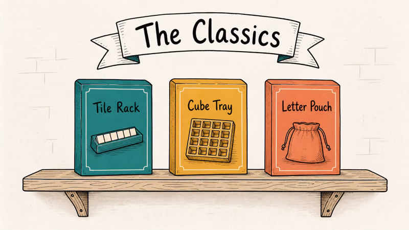 Hand-drawn wooden shelf with three classic word board game boxes including a tile rack, cube tray, and pouch.