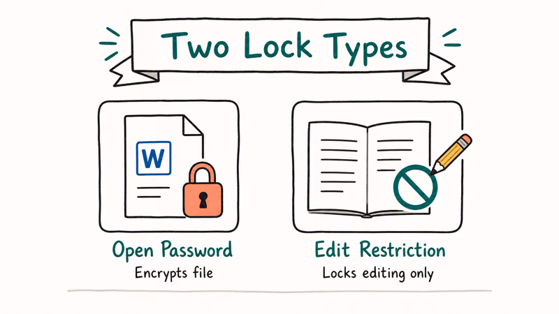 Two hand-drawn Word document cards comparing the Open Password lock with the Edit Restriction lock side by side.