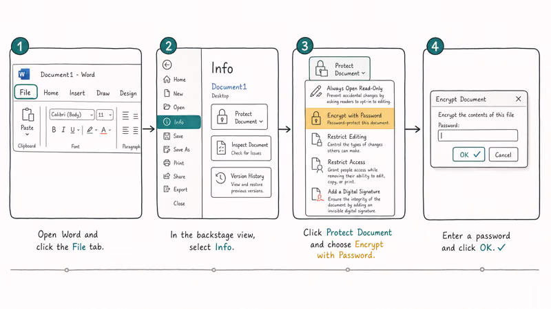 Hand-drawn four-step flow showing how to remove a Word password through File Info Protect Document.