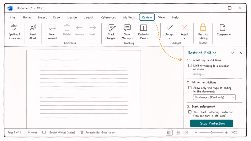 Hand-drawn Word window with Restrict Editing pane open and the Stop Protection button highlighted on the right.