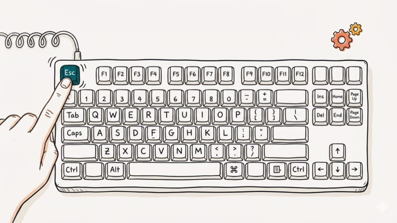 Keyboard with highlighted Escape key and settings gear icon for rebinding