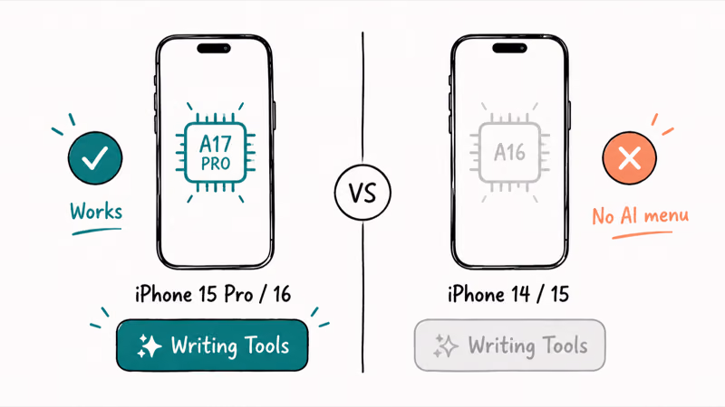 Side-by-side comparison of supported iPhone 15 Pro versus unsupported iPhone 14 for Writing Tools