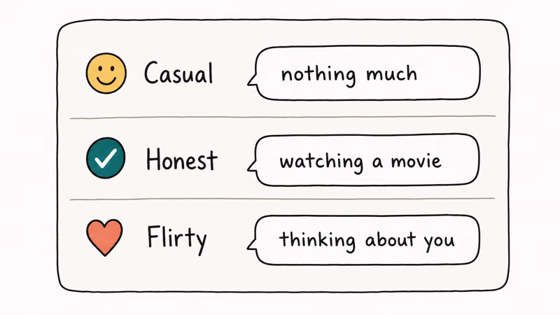 Hand-drawn three-row reply playbook showing casual honest and flirty responses to WYDM with sample text.
