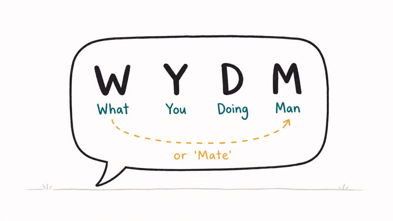 Hand-drawn chat bubble showing WYDM expanded into What You Doing Man with alternative reading underneath.