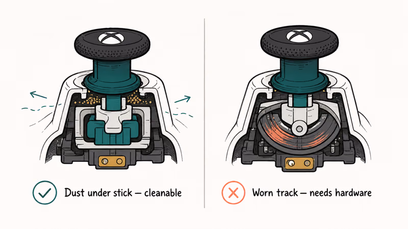 Two Xbox thumbsticks compared, one with dust under it and one with a worn carbon track
