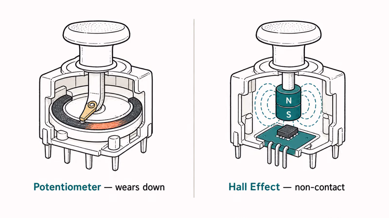 Potentiometer contact stick beside a Hall Effect magnetic stick, showing why Hall Effect resists drift