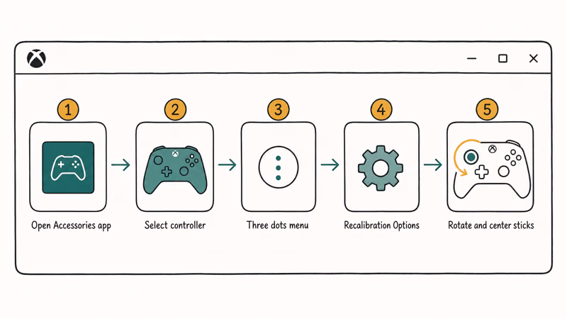 Step sequence showing how to recalibrate an Xbox controller in the Xbox Accessories app