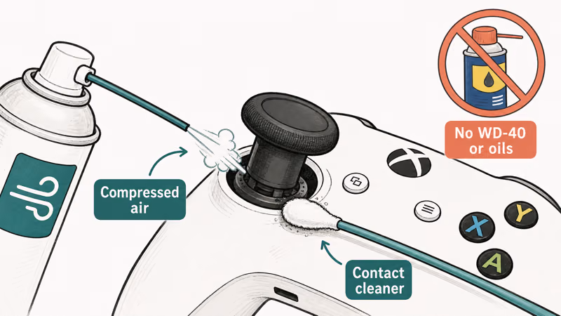 Cleaning an Xbox thumbstick with compressed air and a contact-cleaner swab, with WD-40 crossed out