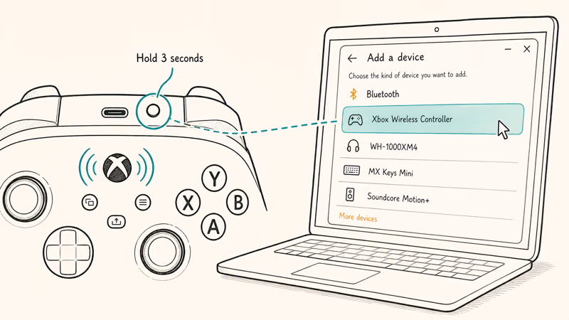 Hand-drawn illustration of Xbox controller pair button highlighted and Windows Bluetooth add device list showing controller entry.