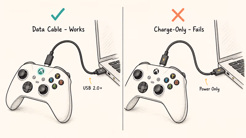 Side-by-side hand-drawn comparison of working USB-C data cable versus failing charge-only cable on Xbox controller.