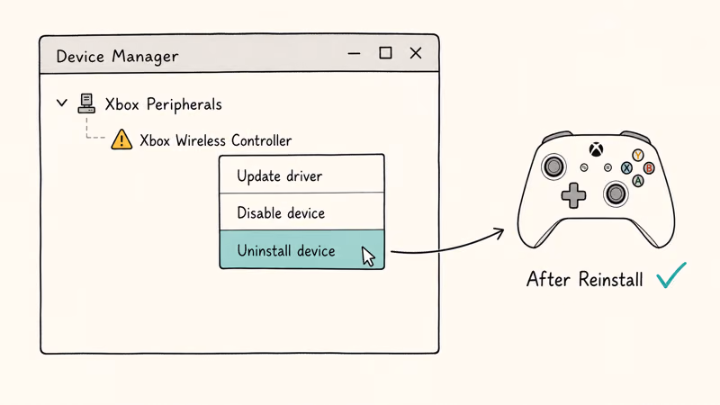 Hand-drawn Windows Device Manager showing Xbox controller entry with uninstall device option highlighted for driver reset.