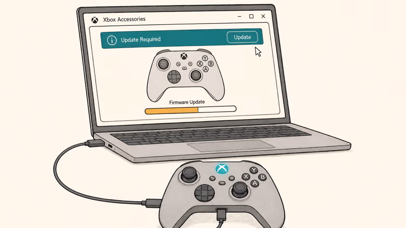 Hand-drawn laptop showing Xbox Accessories app with firmware update required banner and controller connected by USB-C cable.
